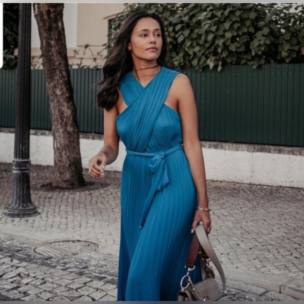 Zara Blue/Teal Pleated Wrap Halter Midi/Maxi Dress